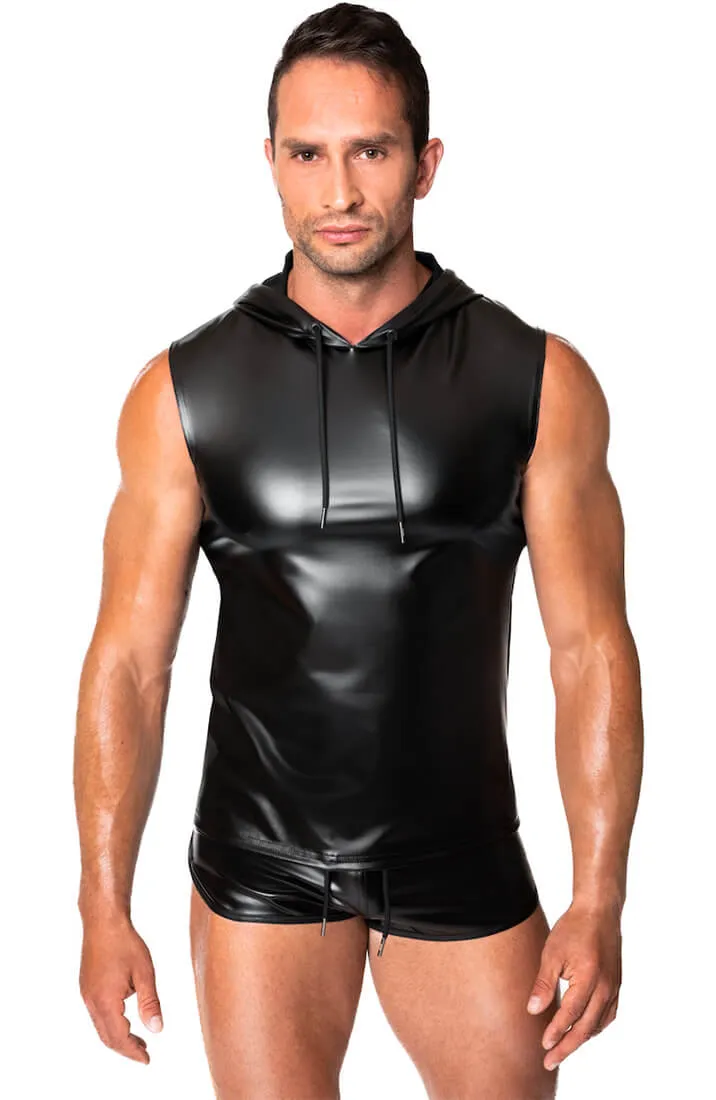 Black Sleeveless wet look Hoodie - Dark Command