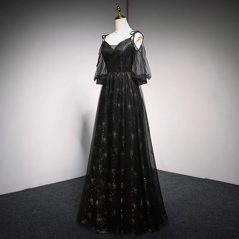 Black Straps Tulle Long Party Dress with Sleeves Evening Dress, Black A-line Prom Dress Party Dresses