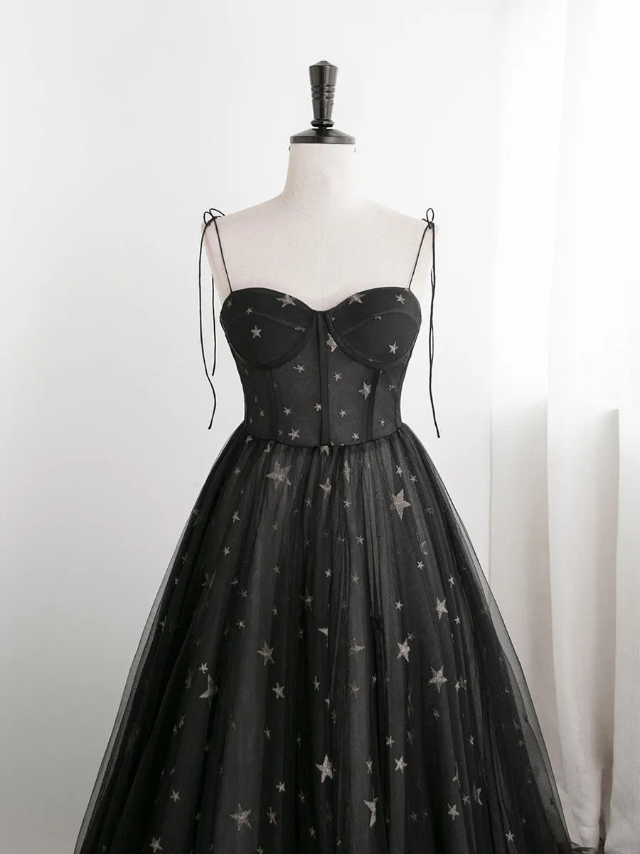 Black Sweetheart Tulle Straps Long Evening Dress, Black Formal Dress Party Dresses