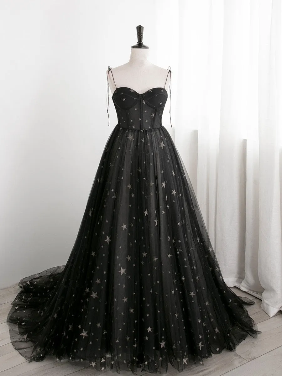 Black Sweetheart Tulle Straps Long Evening Dress, Black Formal Dress Party Dresses