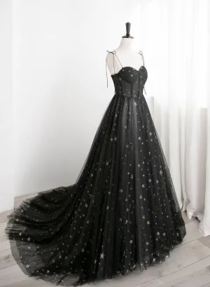 Black Sweetheart Tulle Straps Long Evening Dress, Black Formal Dress Party Dresses