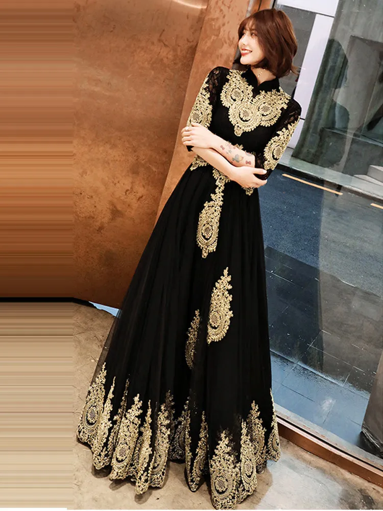 Black Tulle 1/2 Sleeves with Gold Lace Applique Party Dress, Charming Black Evening Dress Prom Dress