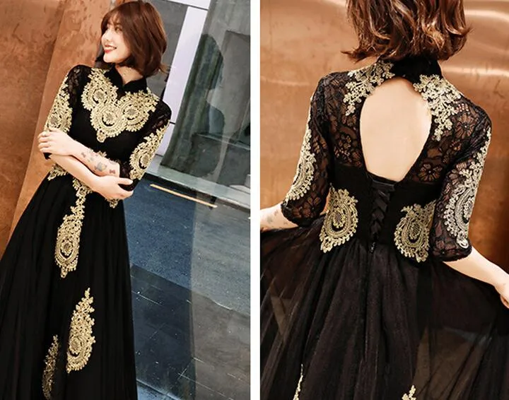 Black Tulle 1/2 Sleeves with Gold Lace Applique Party Dress, Charming Black Evening Dress Prom Dress