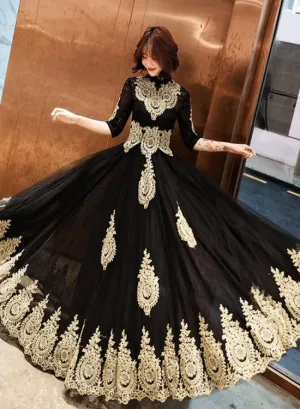 Black Tulle 1/2 Sleeves with Gold Lace Applique Party Dress, Charming Black Evening Dress Prom Dress