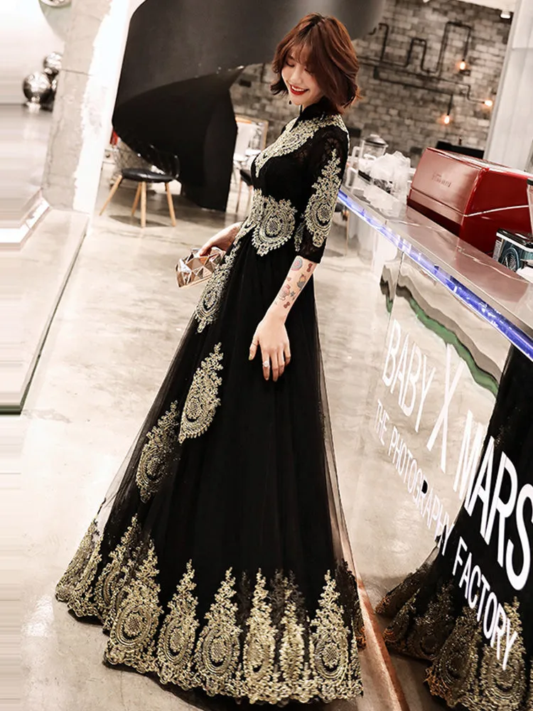 Black Tulle 1/2 Sleeves with Gold Lace Applique Party Dress, Charming Black Evening Dress Prom Dress
