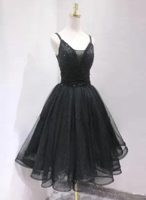 Black Tulle and Beaded Knee Length Straps Homecoming Dress, Black Short Prom Dresses