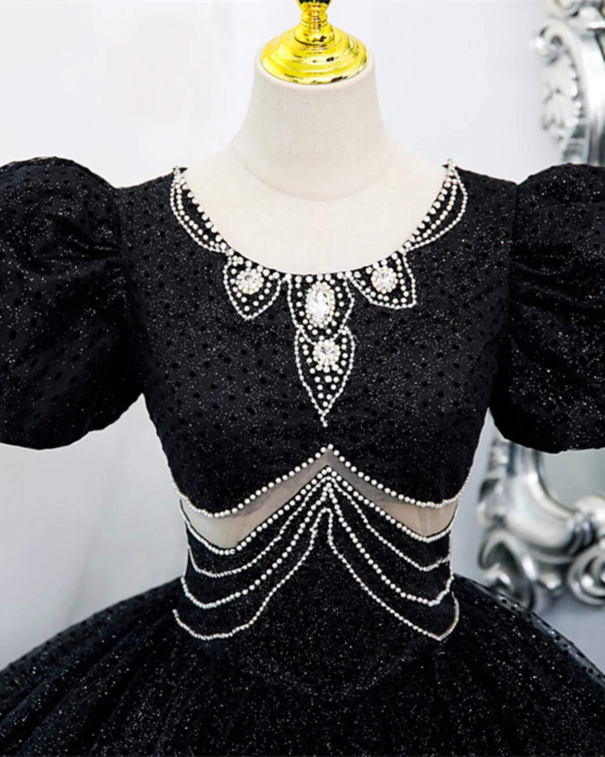Black Tulle Beaded Short Sleeves Prom Dress, Black Tulle Formal Dress