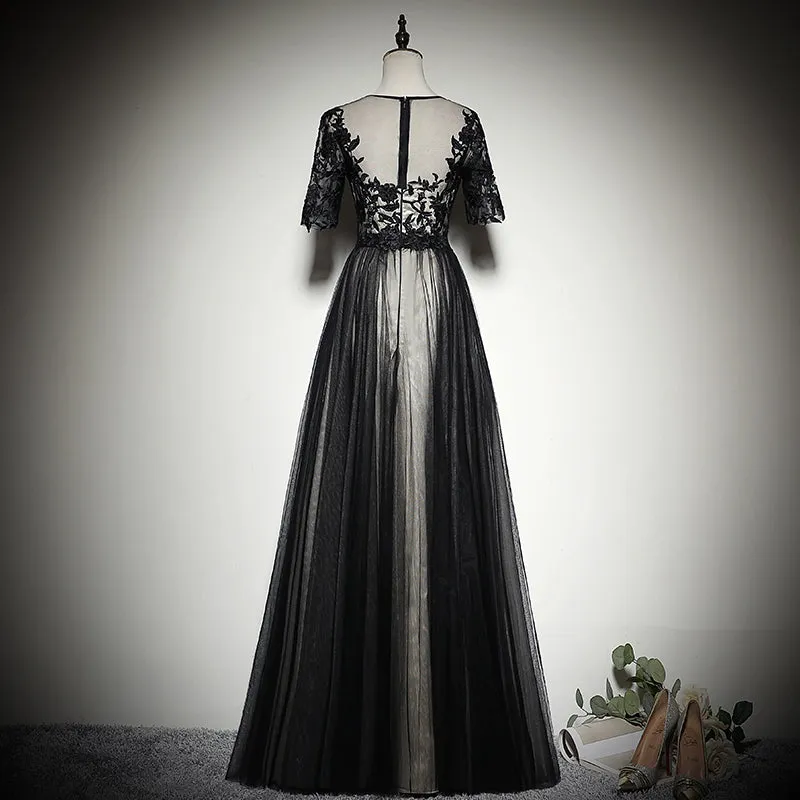 Black Tulle Long Prom Dress , Black Party Dress with Lace Applique