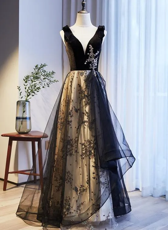 Black V-neckline Velvet and Tulle New Style Prom Dress, Black Party Dress Evening Dresss