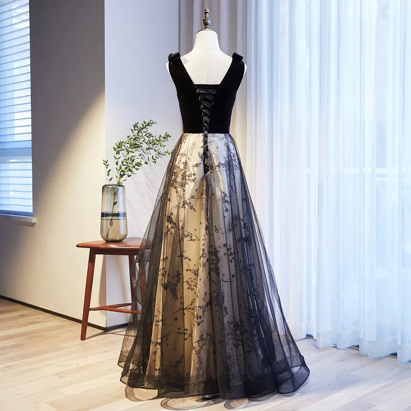 Black V-neckline Velvet and Tulle New Style Prom Dress, Black Party Dress Evening Dresss
