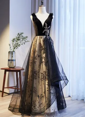 Black V-neckline Velvet and Tulle New Style Prom Dress, Black Party Dress Evening Dresss
