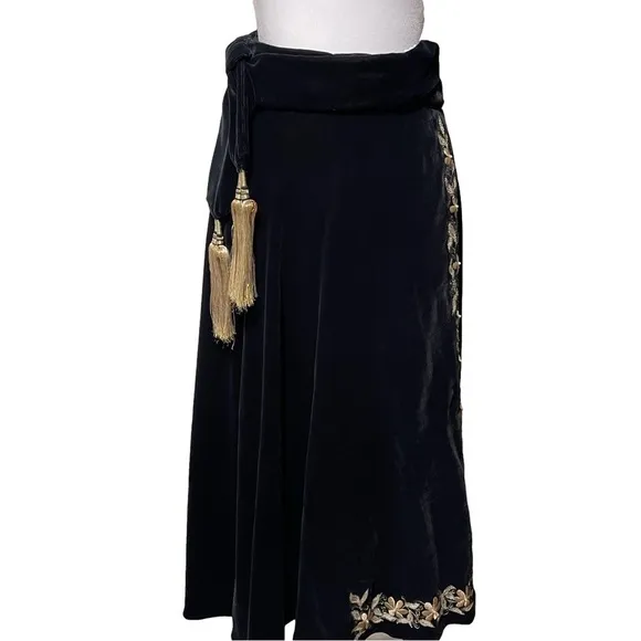 Black Velvet Wrap Skirt Gold Floral Embroidery Handmade in India S\M