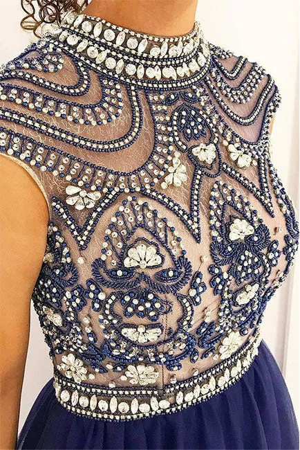 Blue A-line beads tulle long prom dress, blue evening dress
