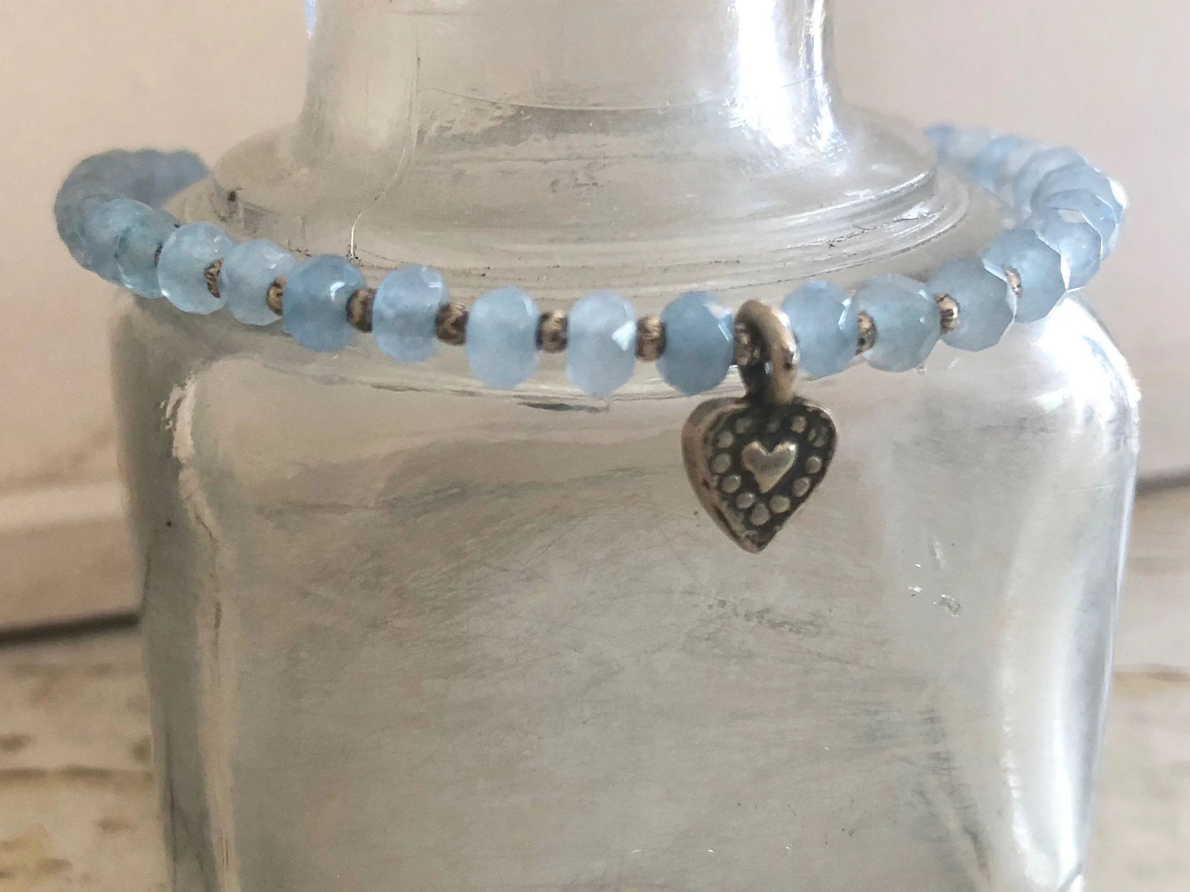Blue Agate Bracelet - Silver Heart Charm