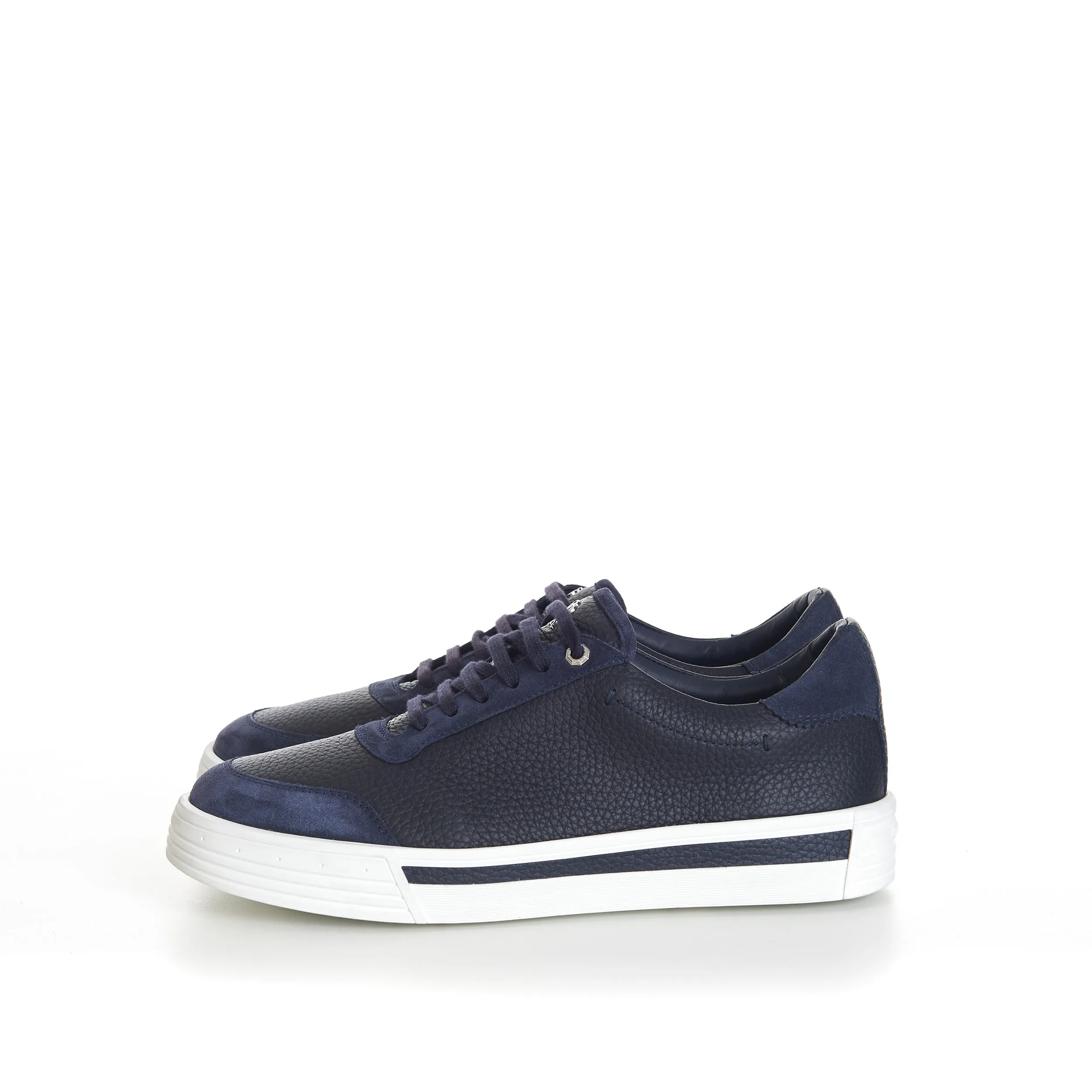 Blue Calfskin Low Top Leather Lace Up Sneakers