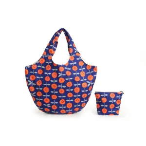 Blue Cotton Handmade Bag with Orange Flowers and Pouch