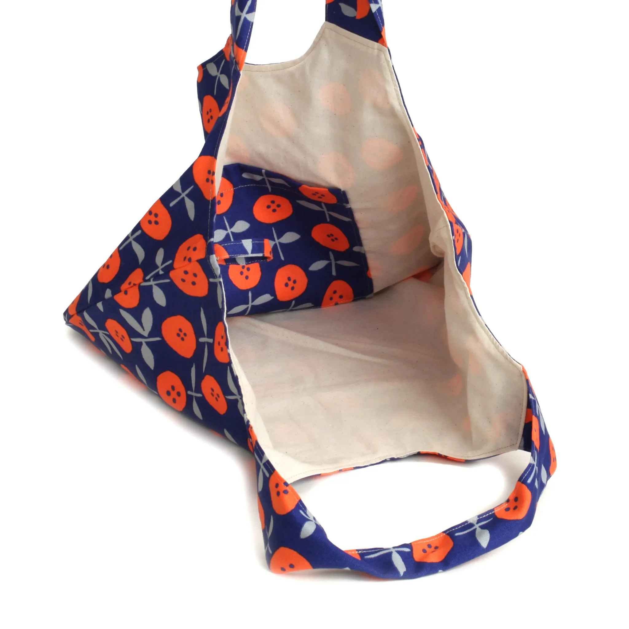 Blue Cotton Handmade Bag with Orange Flowers and Pouch