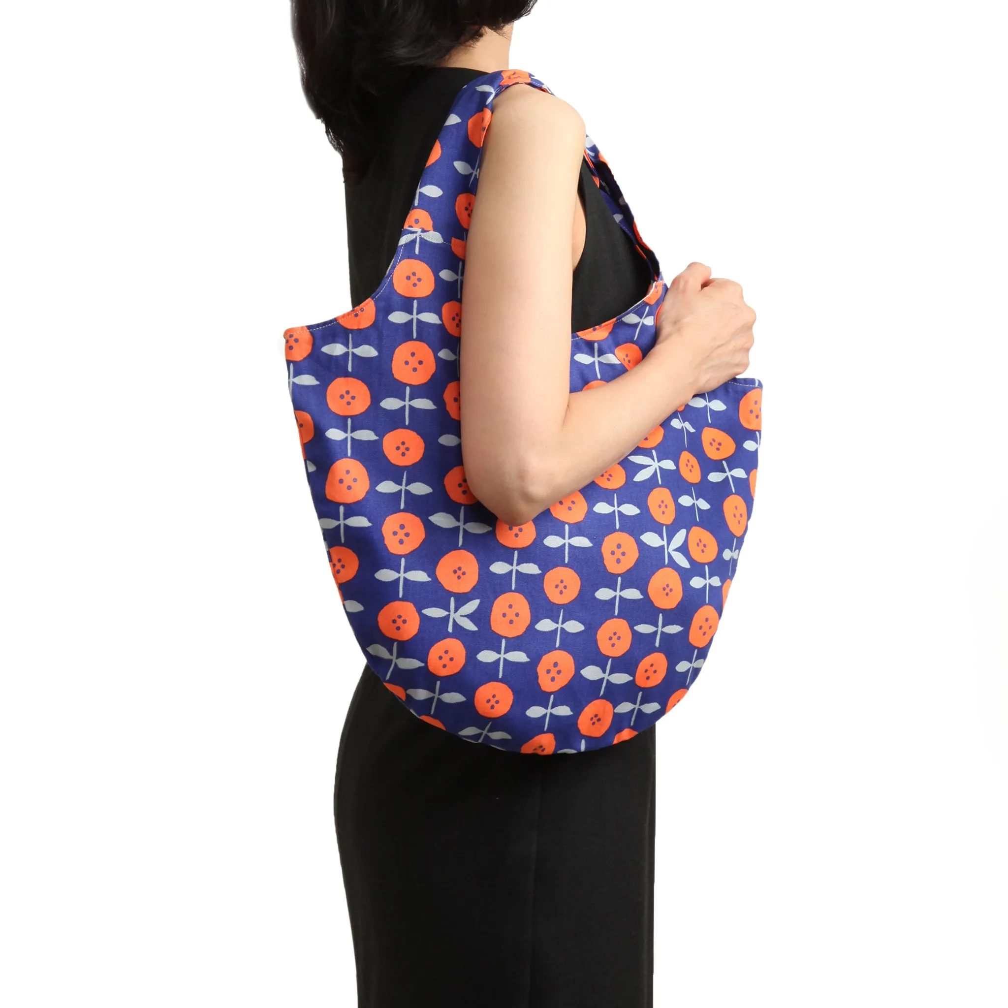 Blue Cotton Handmade Bag with Orange Flowers and Pouch