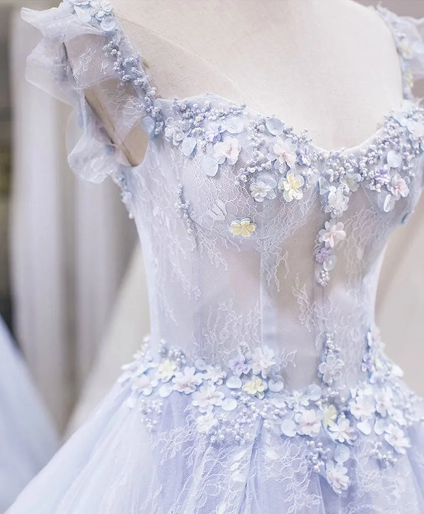 Blue Lace Floral Long Prom Dresses, Flower Long Formal Graduation Dresses LB1123
