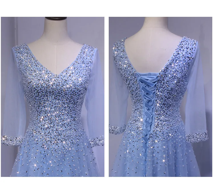 Blue Long Sleeves Beaded Tulle Formal Gown, Sparkle Junior Prom Dress