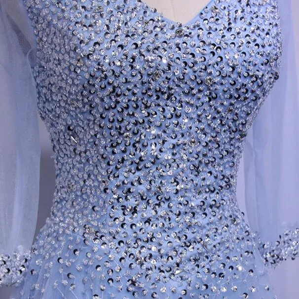 Blue Long Sleeves Beaded Tulle Formal Gown, Sparkle Junior Prom Dress