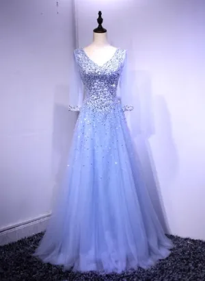 Blue Long Sleeves Beaded Tulle Formal Gown, Sparkle Junior Prom Dress