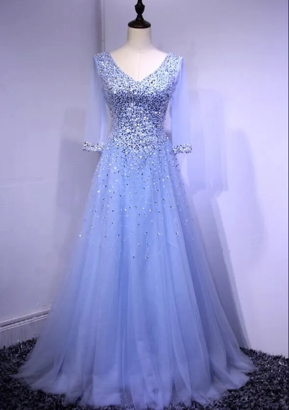 Blue Long Sleeves Beaded Tulle Formal Gown, Sparkle Junior Prom Dress