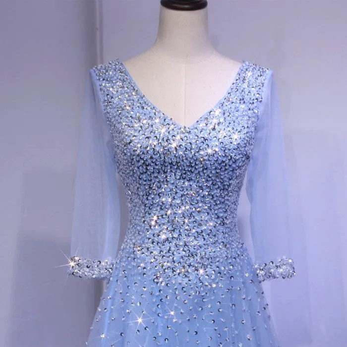 Blue Long Sleeves Beaded Tulle Formal Gown, Sparkle Junior Prom Dress