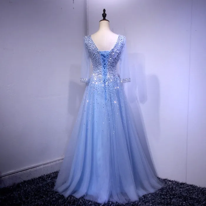Blue Long Sleeves Beaded Tulle Formal Gown, Sparkle Junior Prom Dress