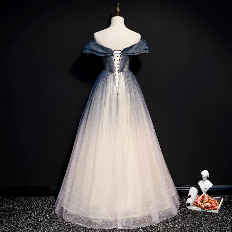 Blue Off Shoulder Shiny Tulle Gradient A-line Long Party Dress, A-line Prom Dresses 2022