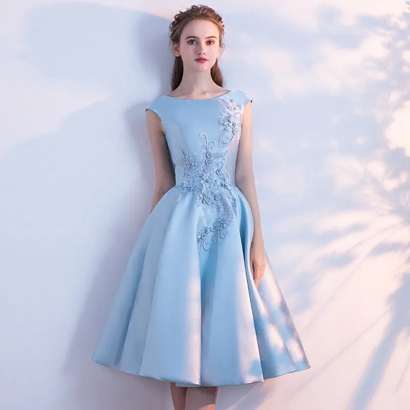 Blue Satin Knee Length Round Neckline Party Dress, Blue Prom Dress Bridesmaid Dress