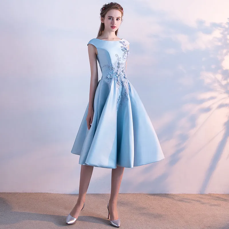 Blue Satin Knee Length Round Neckline Party Dress, Blue Prom Dress Bridesmaid Dress
