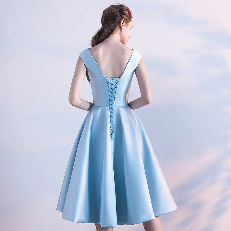 Blue Satin Knee Length Round Neckline Party Dress, Blue Prom Dress Bridesmaid Dress