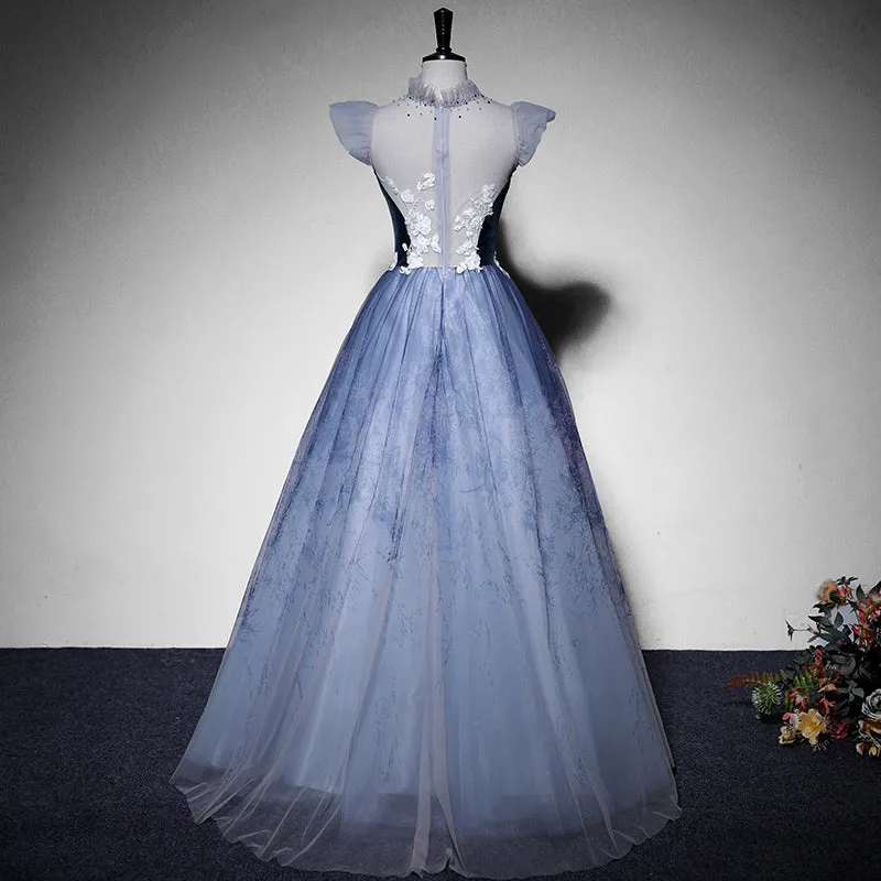 Blue Short Sleeves Tulle with Lace Long Party Dress, Blue Formal Gowns