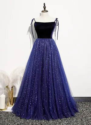 Blue Sparkle Tulle with Velvet Top Straps Long Formal Dress, A-line Simple Party Dress
