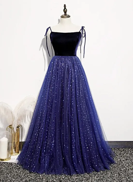 Blue Sparkle Tulle with Velvet Top Straps Long Formal Dress, A-line Simple Party Dress