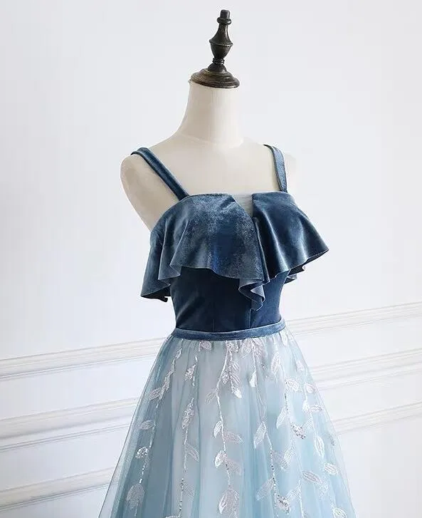 Blue Straps Beautiful Tulle and Velvet Long Party Dress, A-line Blue Evening Dress