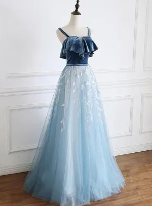 Blue Straps Beautiful Tulle and Velvet Long Party Dress, A-line Blue Evening Dress