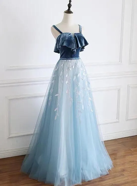 Blue Straps Beautiful Tulle and Velvet Long Party Dress, A-line Blue Evening Dress