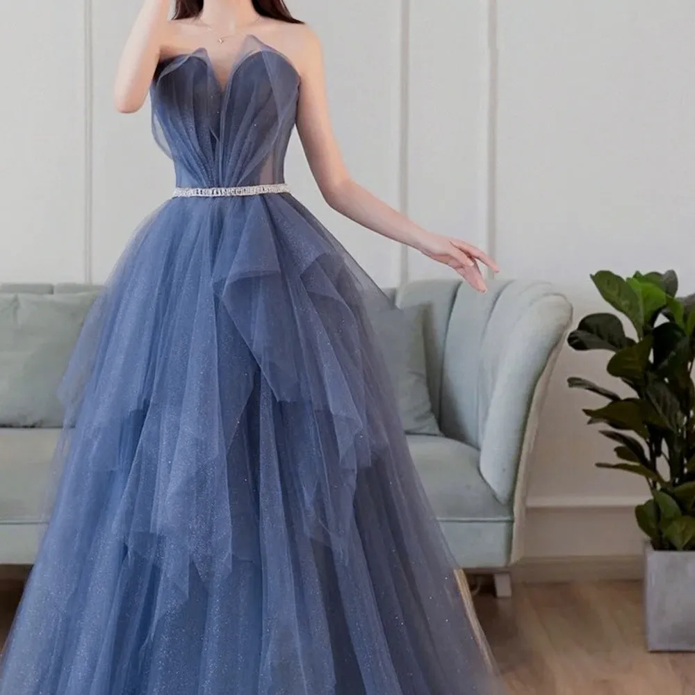 Blue Tulle Long Formal Gown Party Dresses, Blue A-line Beaded Evening Dress