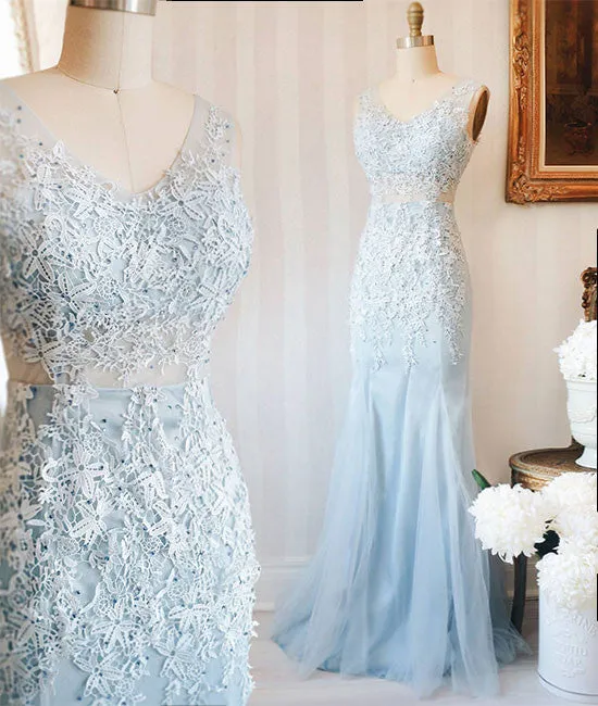 Blue v neck lace tulle long prom dress, blue lace evening dress for teens