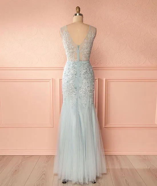 Blue v neck lace tulle long prom dress, blue lace evening dress for teens