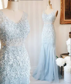 Blue v neck lace tulle long prom dress, blue lace evening dress for teens