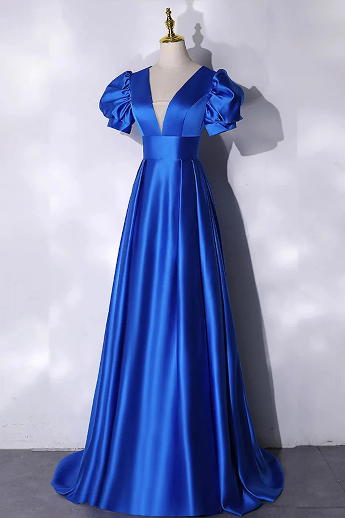 Blue V-Neck Satin Long Prom Dress, Blue A-Line Evening Formal Dress