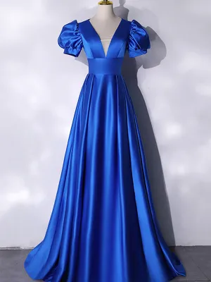 Blue V-Neck Satin Long Prom Dress, Blue A-Line Evening Formal Dress