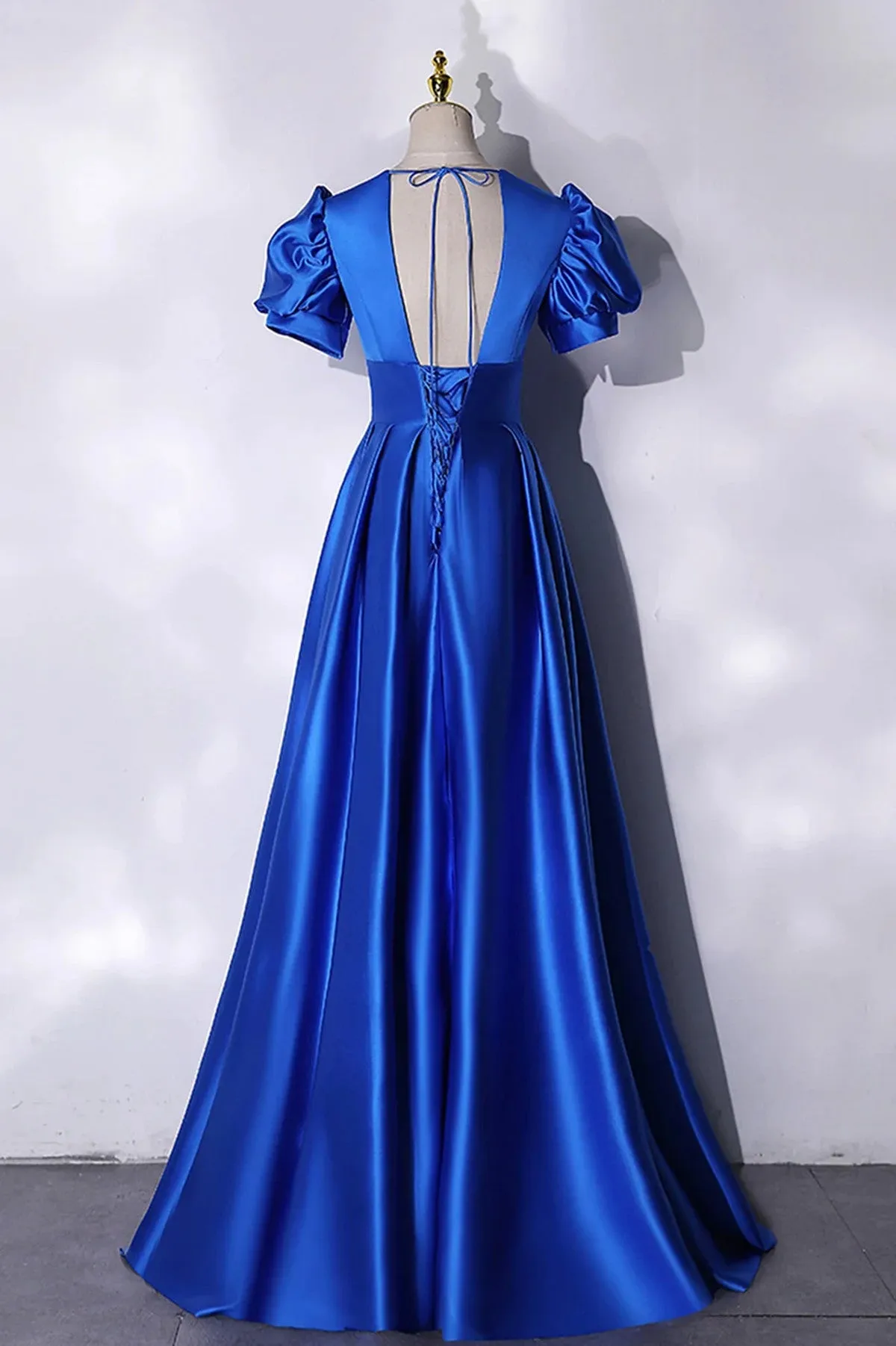 Blue V-Neck Satin Long Prom Dress, Blue A-Line Evening Formal Dress