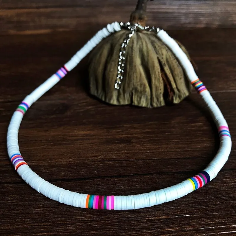 Bohemian Clay Disk Bead Necklace, Boho Bead Choker Beach Unisex Necklace, Surfer Men's Necklace