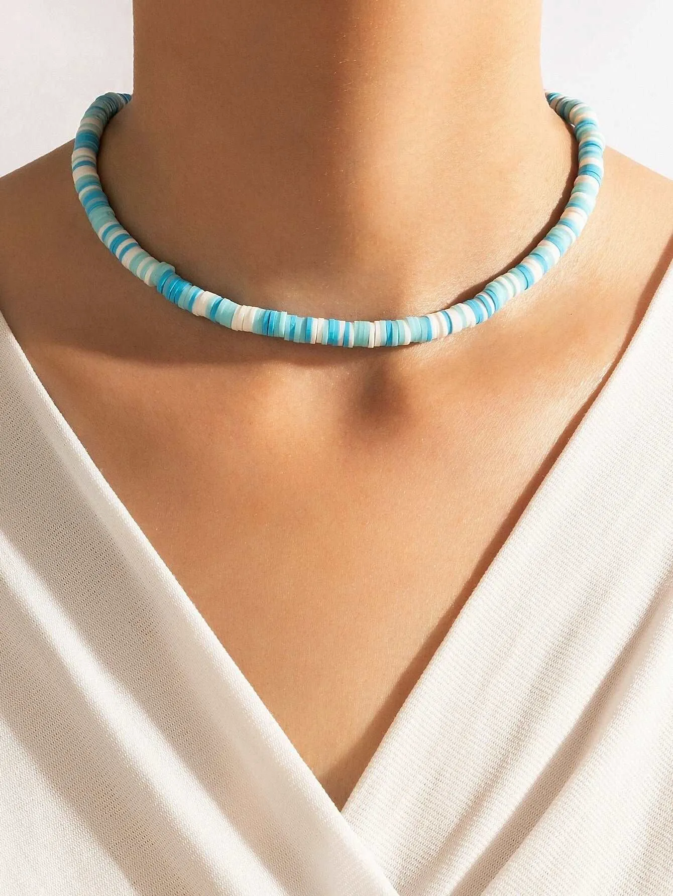 Bohemian Clay Disk Bead Necklace, Boho Bead Choker Beach Unisex Necklace, Surfer Men's Necklace