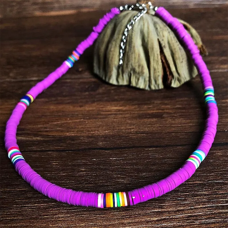 Bohemian Clay Disk Bead Necklace, Boho Bead Choker Beach Unisex Necklace, Surfer Men's Necklace
