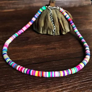 Bohemian Clay Disk Bead Necklace, Boho Bead Choker Beach Unisex Necklace, Surfer Men's Necklace